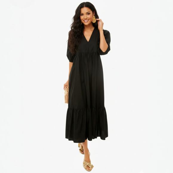 HUNTER BELL Dresses & Skirts - Hunter Bell Palmer Puff Sleeve Ruffle Hem Midi Dress Onyx Size Small